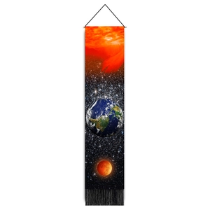 Vertical wall tapestry with space theme featuring Earth, starry background and black tassels