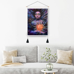 Mandala yoga tapestry with celestial art print, wooden hanging rod, and black tassels