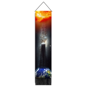 Vertical astronomy wall tapestry with solar system print, wooden pole and black tassels