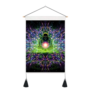 Close-up of bohemian wall tapestry with hooded mystic figure and purple fractal art