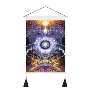 Detail of bohemian mandala tapestry with purple fractal art, wood pole and black tassels