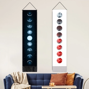 Tapisserie Suspendue Cycle Phases De La Lune Polyester Coton Avec Tige En Bois Glands Décoration Murale Boho