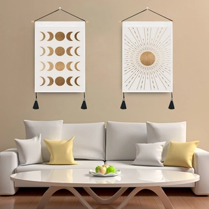 Bohemian Nordic Sun Moon Phase Wall Tapestry With Wooden Rod Tassel Cotton Polyester Fabric Hanging Decor For Bedroom Living Room