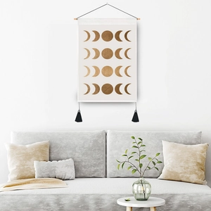 Minimalist sun and moon phase wall tapestry with wooden pole and black tassels for home decor