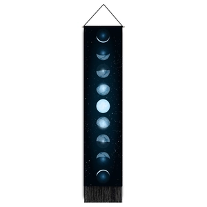 Détail de tapisserie murale phases de lune, ciel étoilé, barre en bois et franges noires