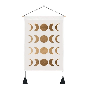 Bohemian sun and moon phase wall tapestry with wooden rod and black tassels