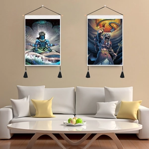 Mandala tapestry set with Indian and Egyptian deity art in modern living room