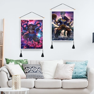 Set of two Mandala wall tapestries with wooden scrolls and tassels for yoga decor