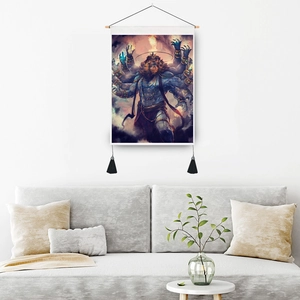 Mandala tapestry wall hanging with Narasimha Indian deity print and wooden scroll hanger