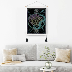 Nordic wall tapestry with colorful fluorescent dragon and tiger art on black background