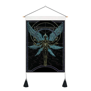 Nordic mandala wall tapestry featuring a blue goddess with wooden rod and black tassels