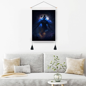 Tapestry with galaxy Buddha theme, wooden hanger and black tassels for wall decor