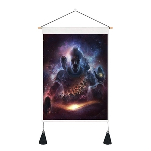 Detailed view of Shiva tapestry with cosmic nebula art, wooden rod, and black tassels