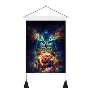 Ethnic owl tapestry with celestial nebula patterns and decorative black tassels