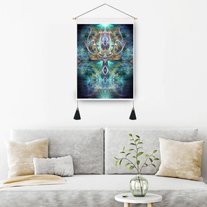 Mandala-Wandteppich mit fraktaler Kunst und Ankh-Symbol in Blau- und Goldtönen