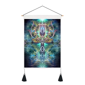 Detailansicht Wandbehang Ägyptisches Ankh-Symbol mit Fraktalkunst und schwarzen Quasten
