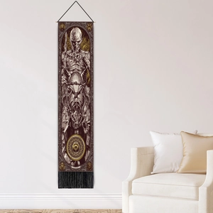Retro tarot knight wall tapestry with black tassels on minimalist white wall