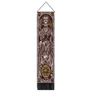 Detail view of gothic Pestilence tarot tapestry with black tassels and wooden hanging rod