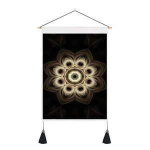 Mandala wall tapestry with dark fractal floral pattern, gold accents and wood hanging rod