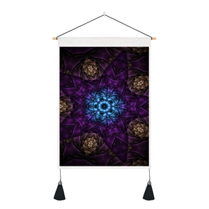 Mandala wall tapestry with purple floral pattern, wooden pole, and black tassels decor