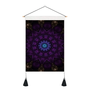 Detail view of purple mandala tapestry featuring a wooden rod and black tassels