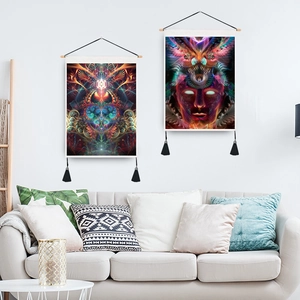 Tapisserie murale nordique en toile avec des motifs fractals d'anges et de démons