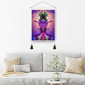 Nordic skull art tapestry with purple tassels hanging above a cozy sofa in a bedroom