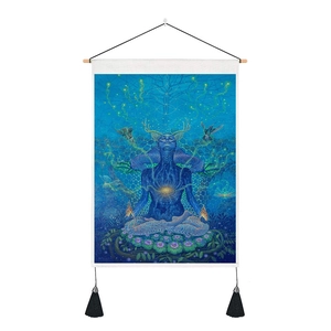 Tapisserie murale spirituelle en toile avec tige en bois et glands pour décoration murale