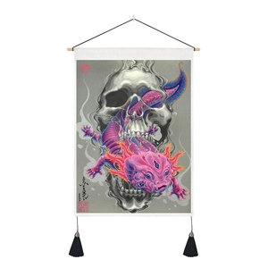 Artistic hanging scroll with pink axolotl, skull, and black tassels on wooden pole