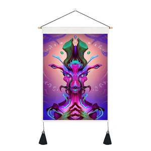 Detail of cyberpunk skull tapestry featuring wooden bar, black tassels, and neon psychedelic art