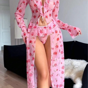 Vêtements De Nuit Sexy Peignoir À Manches Longues Et Culotte Maille Transparente Imprimé Rose Garniture À Volants