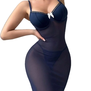 Sexy dark blue mesh teddy lingerie with V-neck lace cups and white bow detailing