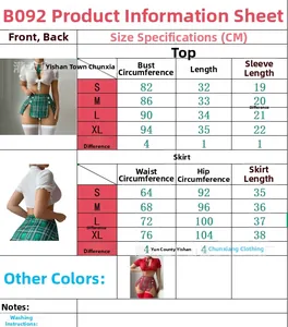 Detailed size chart for green plaid sexy lingerie set with top and mini skirt dimensions