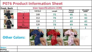 Tableau des tailles pour peignoir en satin avec mesures précises en cm pour femmes