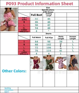 Detailed size chart for women's summer camisole and shorts loungewear set from S to XL