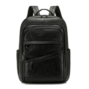 Sac à dos minimaliste en cuir noir grainé avec design fonctionnel à plusieurs poches