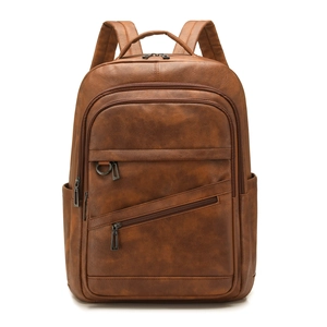 Sac à dos rétro en similicuir marron avec plusieurs compartiments zippés et bretelles