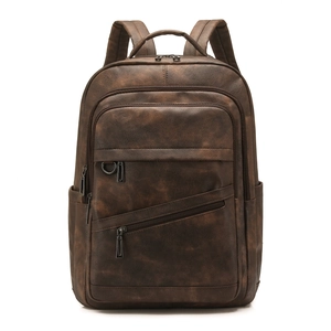 Grand sac à dos vintage en cuir marron minimaliste pour femme avec poches zippées