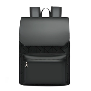 Men's matte black backpack featuring modern geometric triangle patterns and silver zippers
