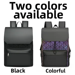 Close-up of geometric folding backpacks in black and iridescent color with smooth zips