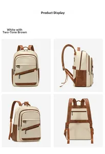 Détails du grand sac à dos bicolore en blanc crème et similicuir marron élégant