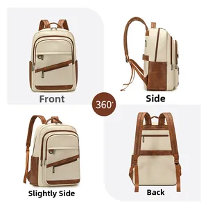 Vues multi-angles à 360 degrés du grand sac à dos en cuir beige et marron de haute qualité