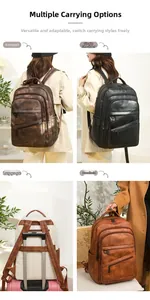 Détail du sac à dos en cuir vintage montrant les poches et la sangle de fixation valise