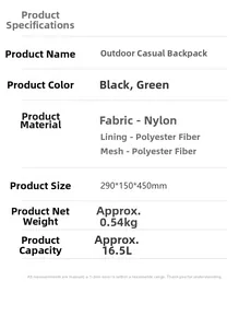 Detailed specifications of the durable outdoor leisure backpack in nylon and polyester