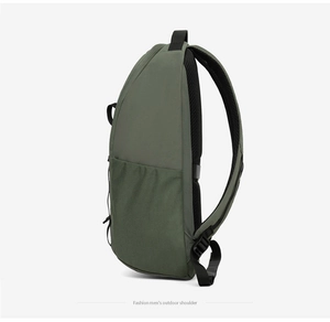 Side view of army green outdoor shoulder bag featuring breathable mesh water bottle pocket