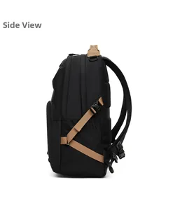 Side view of black commuter backpack with adjustable khaki straps and mesh pocket