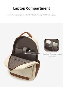 Détail du compartiment pour ordinateur 17 pouces avec sangle velcro du sac à dos beige