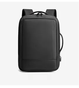 Vista frontal de mochila de negocios negra expandible con puerto de carga USB