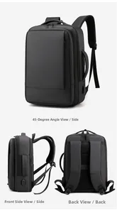 Detalle de mochila negra para negocios con puerto USB y sistema de espalda transpirable