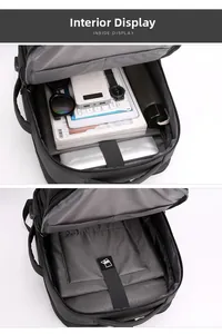 Vista detallada de los compartimentos internos de una mochila negra para ordenador